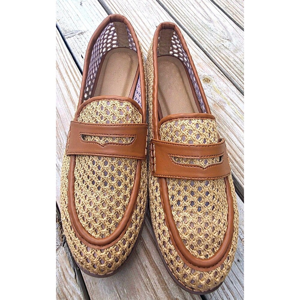 Women's Beige/Brown Mesh Penny Strap Loafer Flats Slip On Round Toe Size 8.5